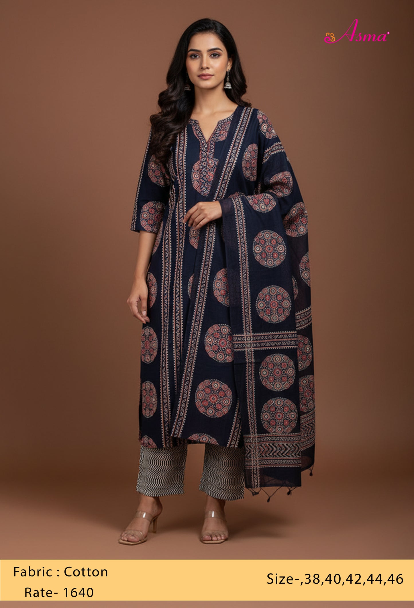 Elegant Black Ajrakh Print Kurta Set with Zigzag Pants & Dupatta "