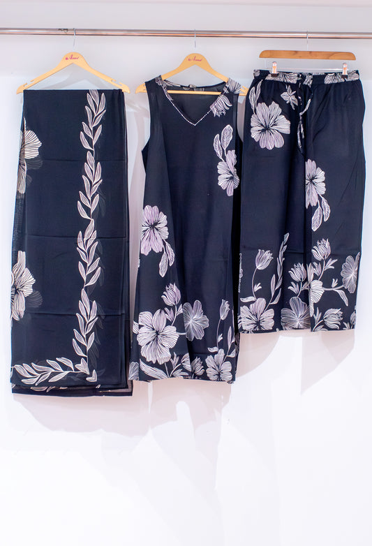 Black floral sleeveless kurta set with dupatta – product image 2