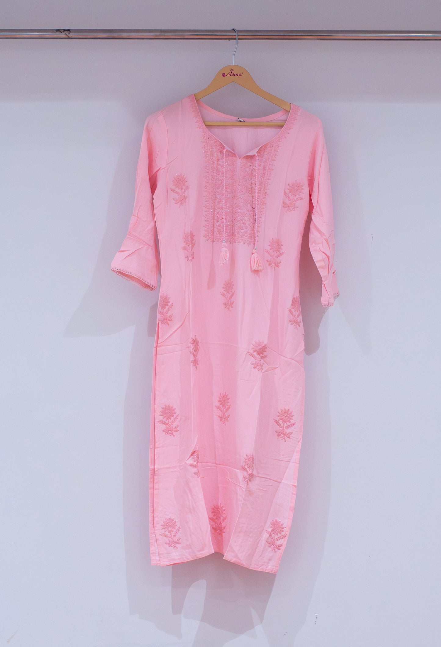 Soft Pink Embroidered Kurti with Tassel Detailing "