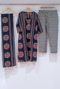 Elegant Black Ajrakh Print Kurta Set with Zigzag Pants & Dupatta "