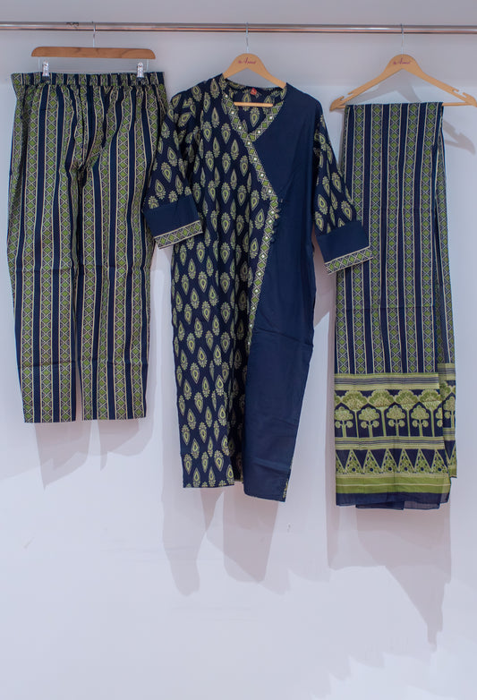 Navy blue and olive green printed kurta set with dupatta – product image 2