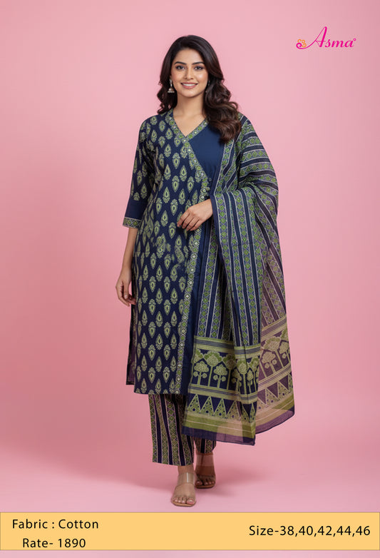 Navy Blue & Olive Green Printed Kurta Set with Dupatta