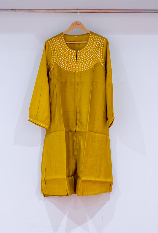 Mustard yellow embellished kurta for women – alternate view
