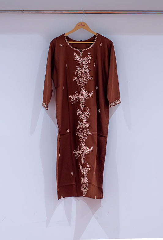 Brown floral embroidered straight kurta for women – alternate view