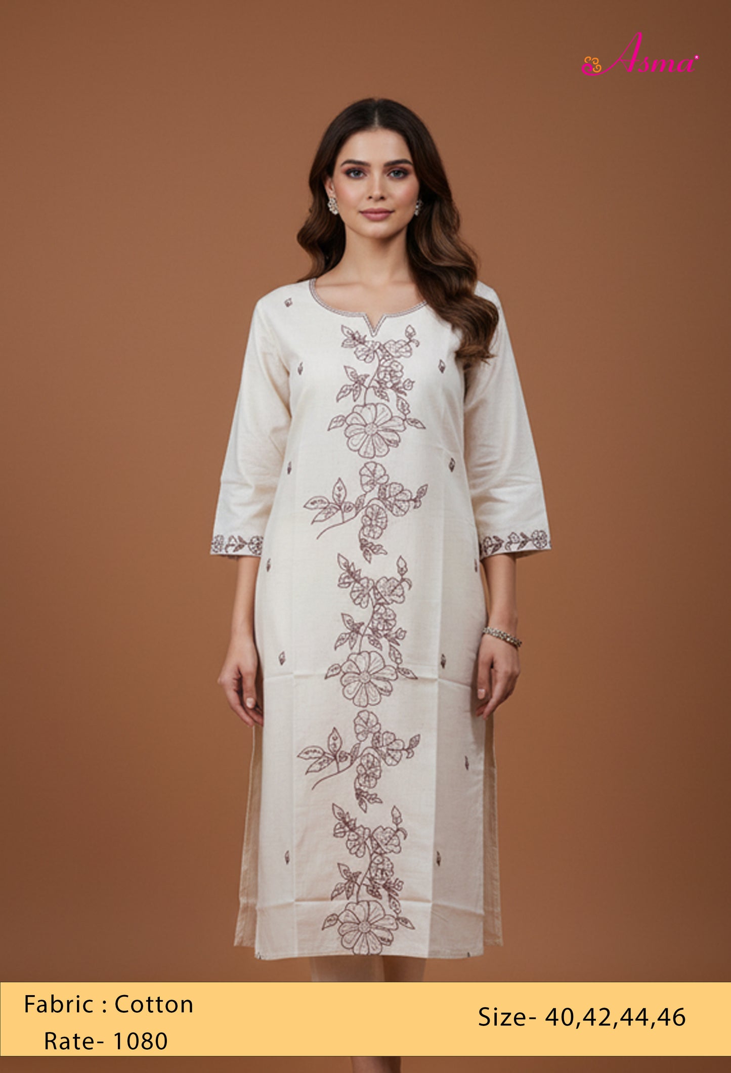 Cream Floral Embroidered Straight Kurta for Women