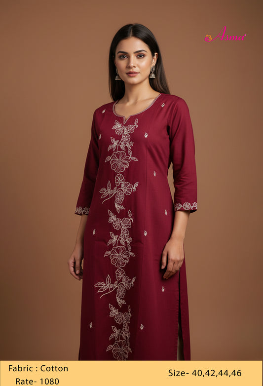 Maroon Floral Embroidered Straight Kurta for Women "