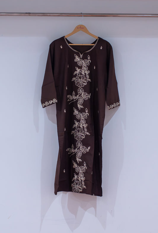 Dark brown floral embroidered straight kurta for women – product image 2