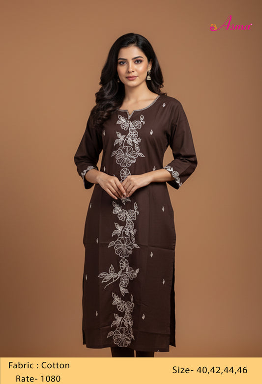 Dark Brown Floral Embroidered Straight Kurta for Women "
