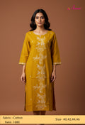 Mustard Yellow Floral Embroidered Straight Kurta for Women