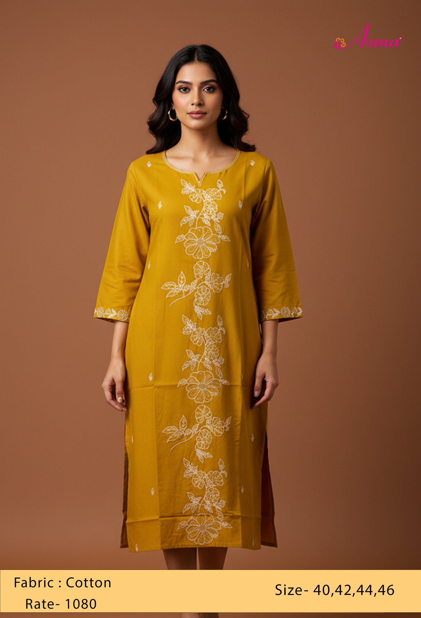 Mustard Yellow Floral Embroidered Straight Kurta for Women