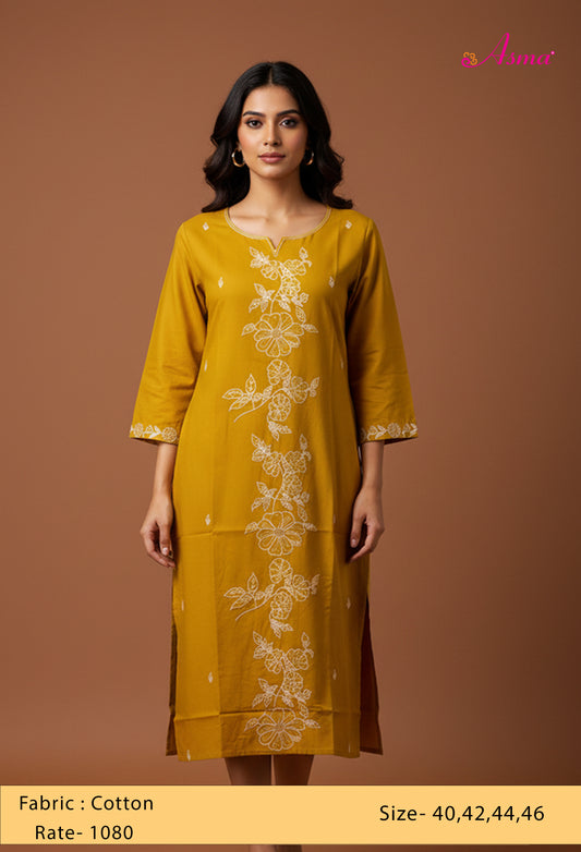 Mustard Yellow Floral Embroidered Straight Kurta for Women