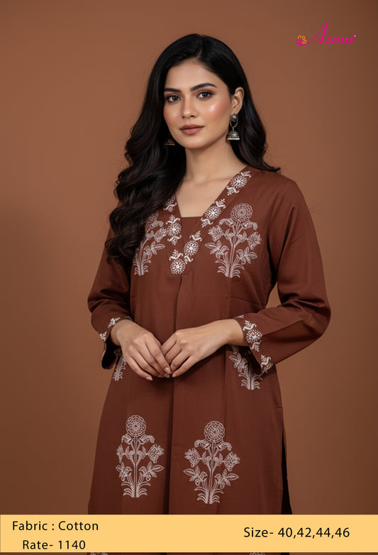 Brown Floral Embroidered Kurta for Women