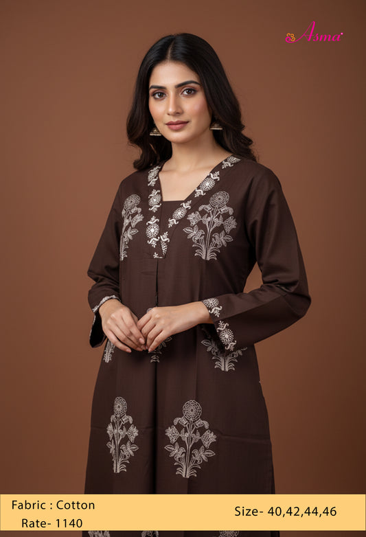 Dark Brown Floral Embroidered Kurta for Women