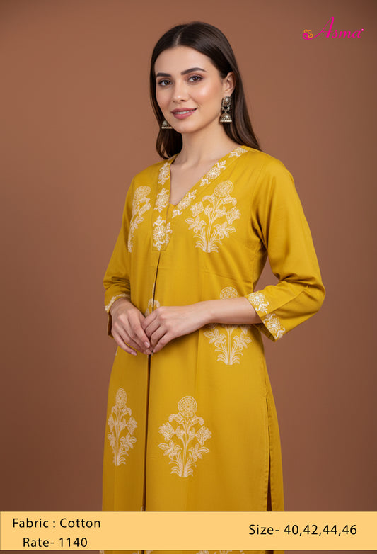 Mustard Yellow Floral Embroidered Kurta for Women