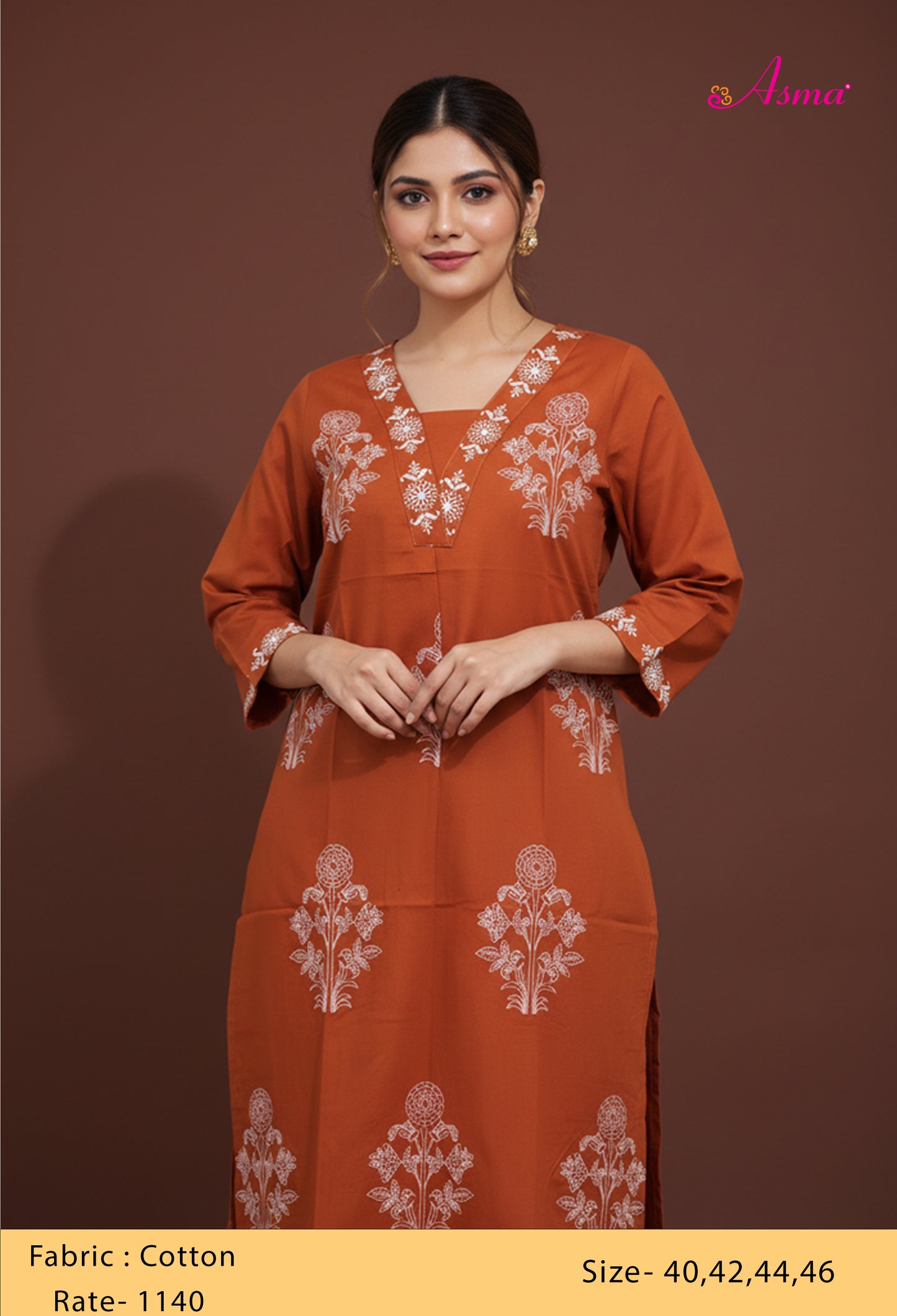 Rust Floral Embroidered Kurta for Women