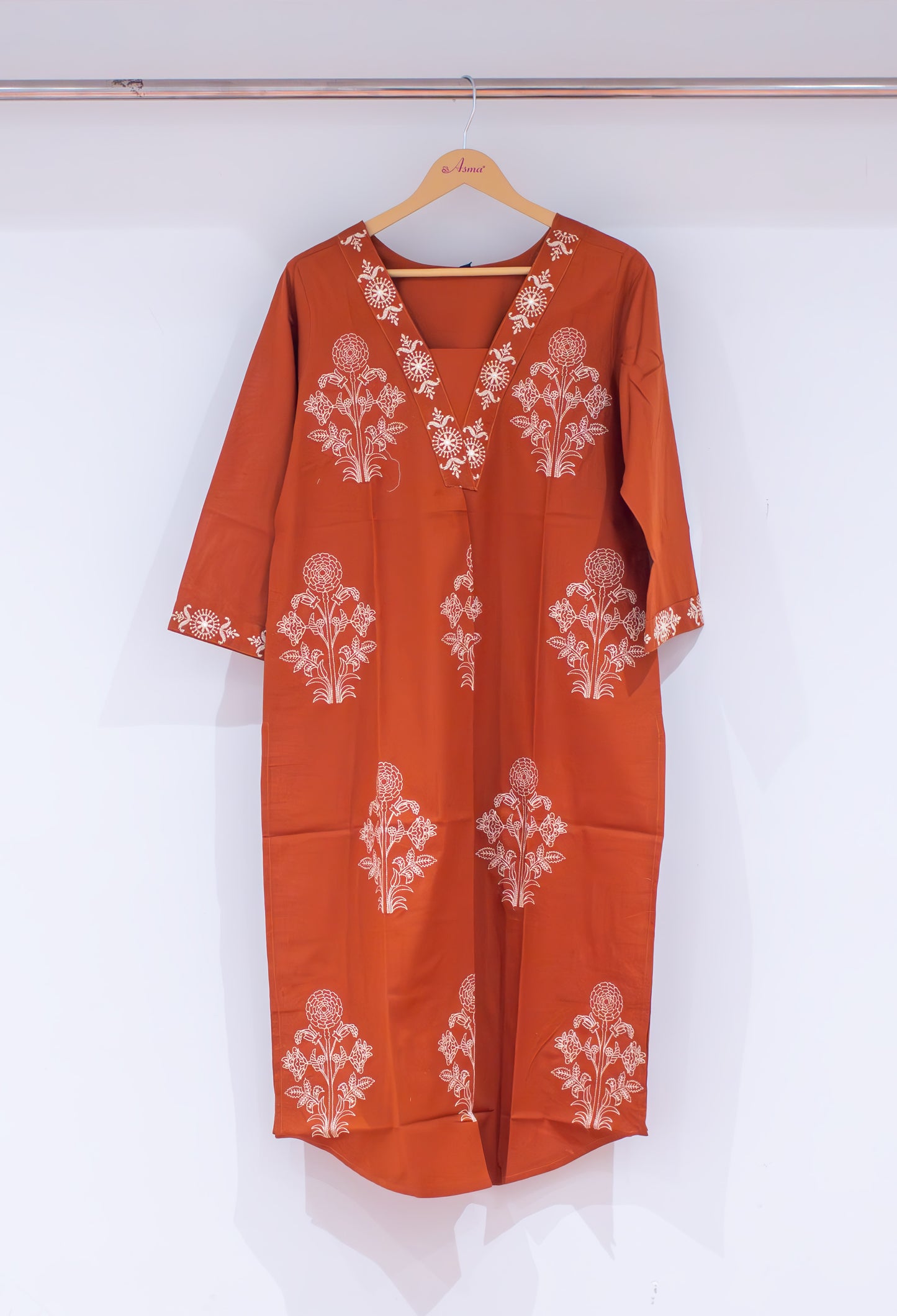 Rust Floral Embroidered Kurta for Women