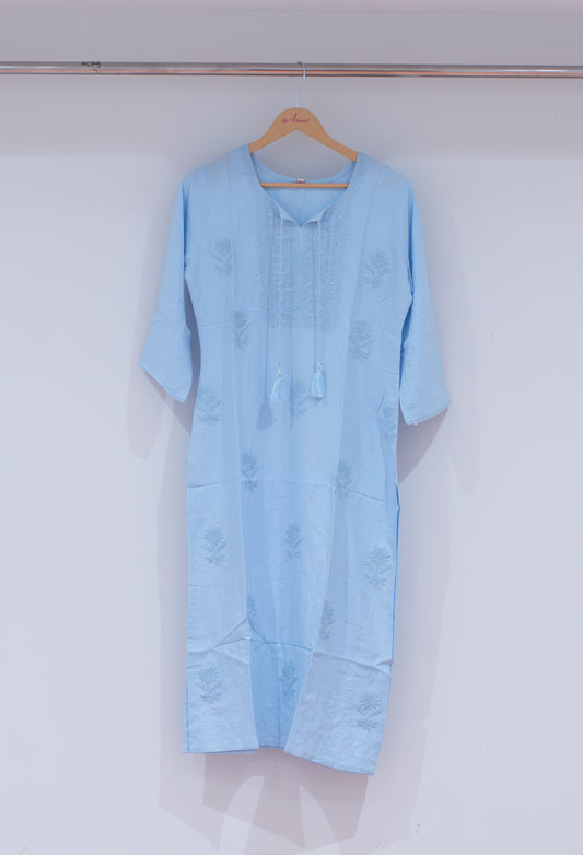 Sky blue embroidered straight kurta for women – product image 2
