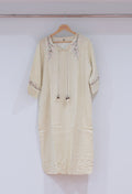 Cream & Beige Striped Embroidered Straight Kurta for Women | Tassel Detail Kurti with Floral Work