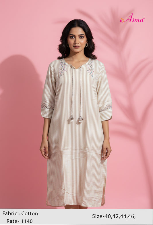 Cream & Beige Striped Embroidered Straight Kurta for Women | Tassel Detail Kurti with Floral Work