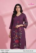Plum Embroidered Straight Kurta for Women | Multicolor Floral Work Kurti with V-Neck