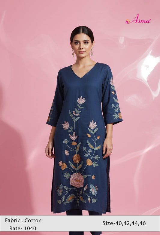 Navy Blue Embroidered Straight Kurta for Women | Multicolor Floral Kurti with V-Neck