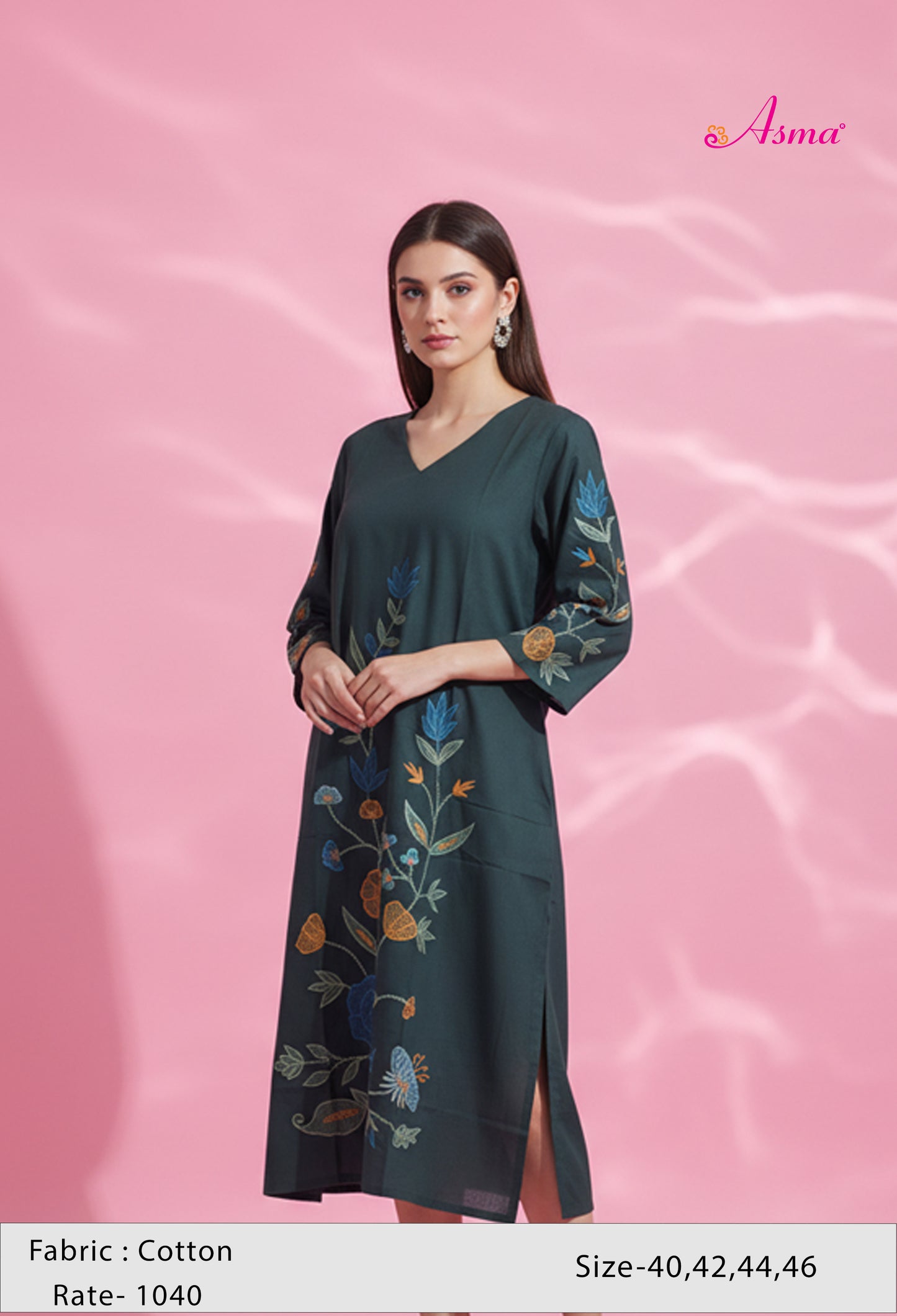 Dark Green Embroidered Straight Kurta for Women | Multicolor Floral Kurti with V-Neck