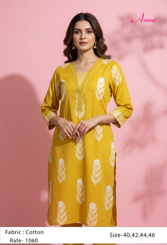 Mustard Yellow Printed Straight Kurta for Women | Ethnic V-Neck Kurti