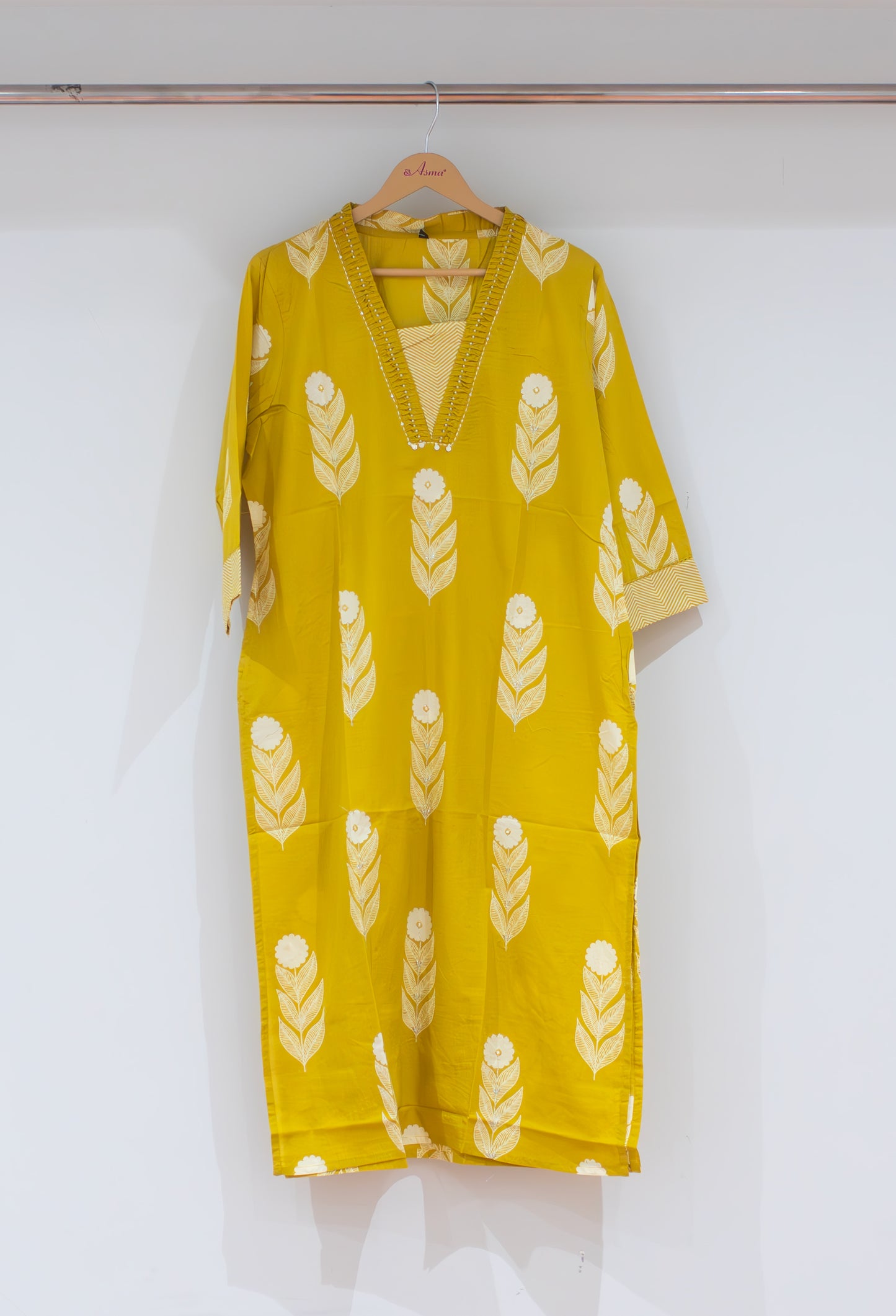 Mustard Yellow Printed Straight Kurta for Women | Ethnic V-Neck Kurti