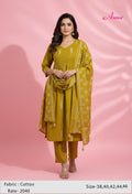 Mustard Yellow Printed Kurta Set for Women | Pleated Kurti with Pants & Dupatta