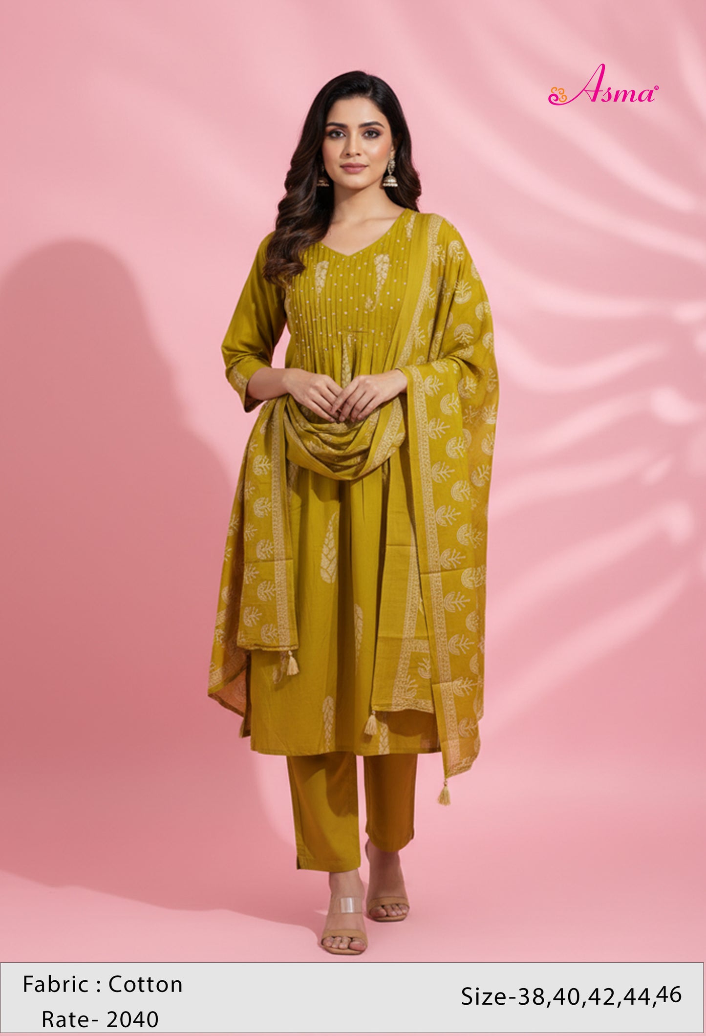 Mustard Yellow Printed Kurta Set for Women | Pleated Kurti with Pants & Dupatta