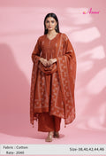 Rust Red Printed Kurta Set for Women | Pleated Kurti with Pants & Dupatta