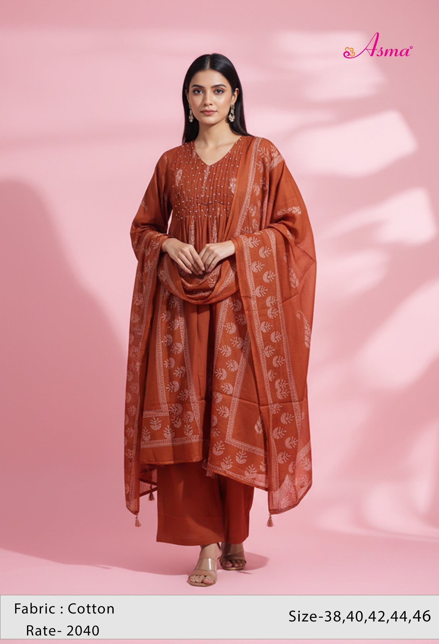 Rust Red Printed Kurta Set for Women | Pleated Kurti with Pants & Dupatta