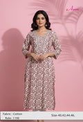 Brown & Off-White Printed Straight Kurta for Women | Ethnic V-Neck Kurti with Contrast Borders