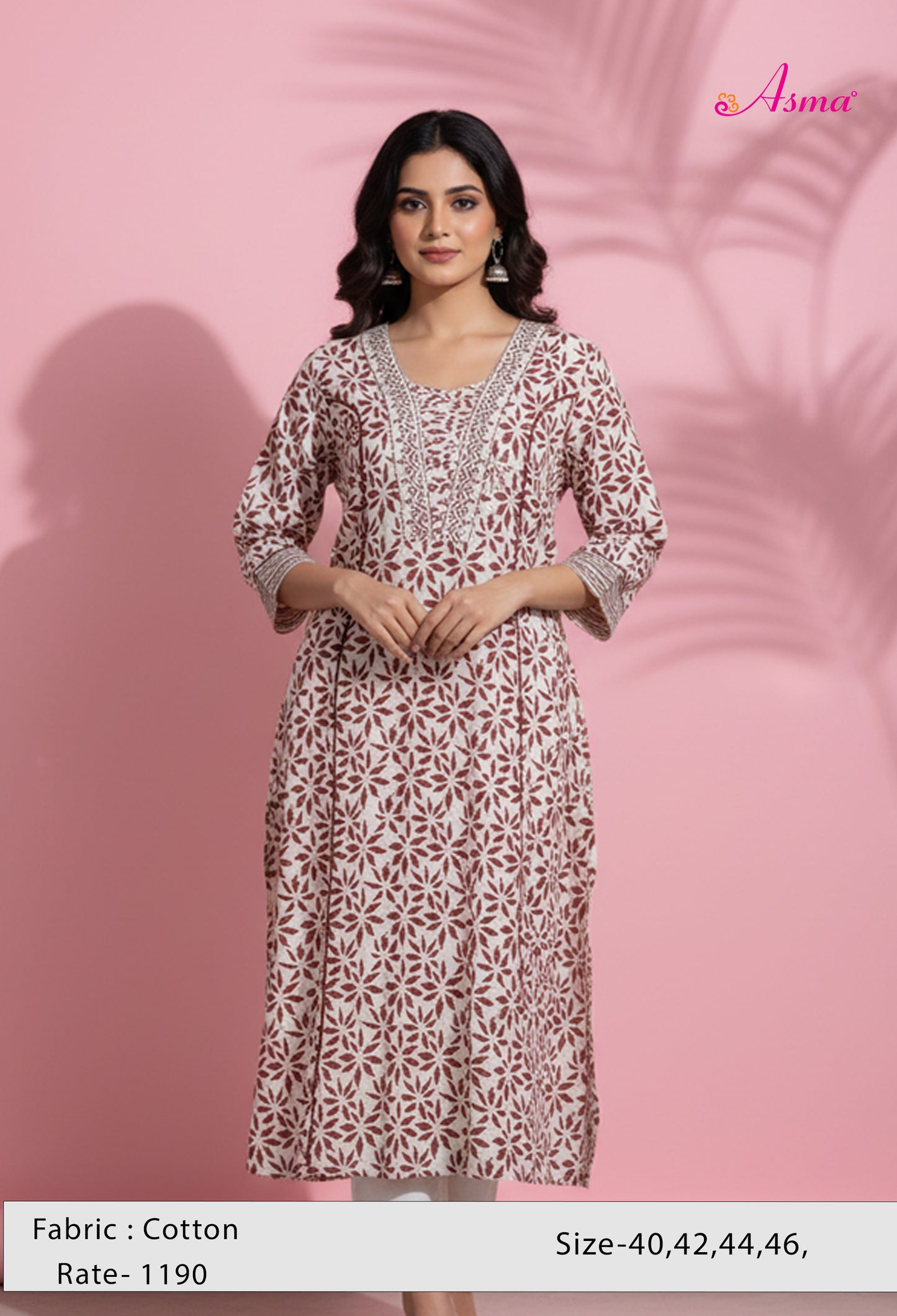 Brown & Off-White Printed Straight Kurta for Women | Ethnic V-Neck Kurti with Contrast Borders