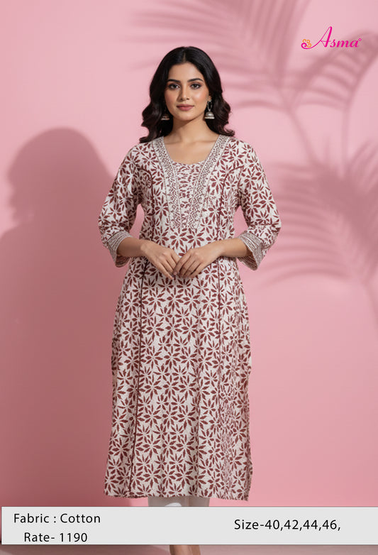Brown & Off-White Printed Straight Kurta for Women | Ethnic V-Neck Kurti with Contrast Borders
