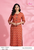 Rust Printed Straight Kurta for Women | Tassel Neck Ethnic Kurti