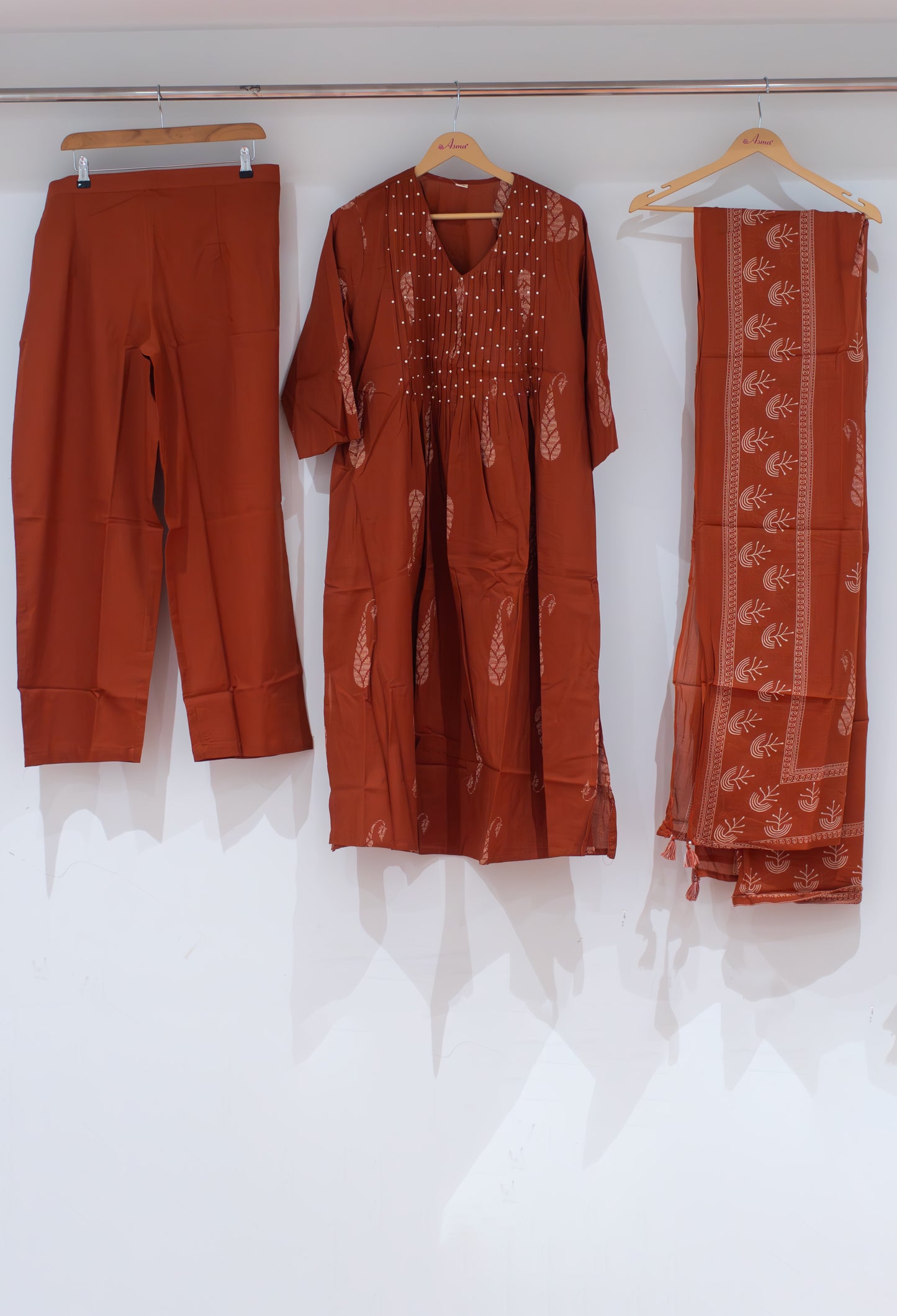 Rust Red Printed Kurta Set for Women | Pleated Kurti with Pants & Dupatta