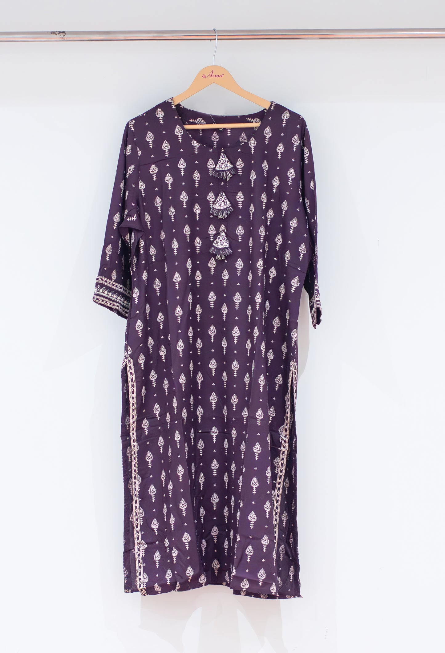 Purple Printed Straight Kurta for Women | Tassel Neck Ethnic Kurti