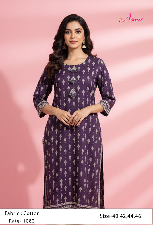 Purple Printed Straight Kurta for Women | Tassel Neck Ethnic Kurti