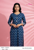 Blue Printed Straight Kurta for Women | Tassel Neck Ethnic Kurti