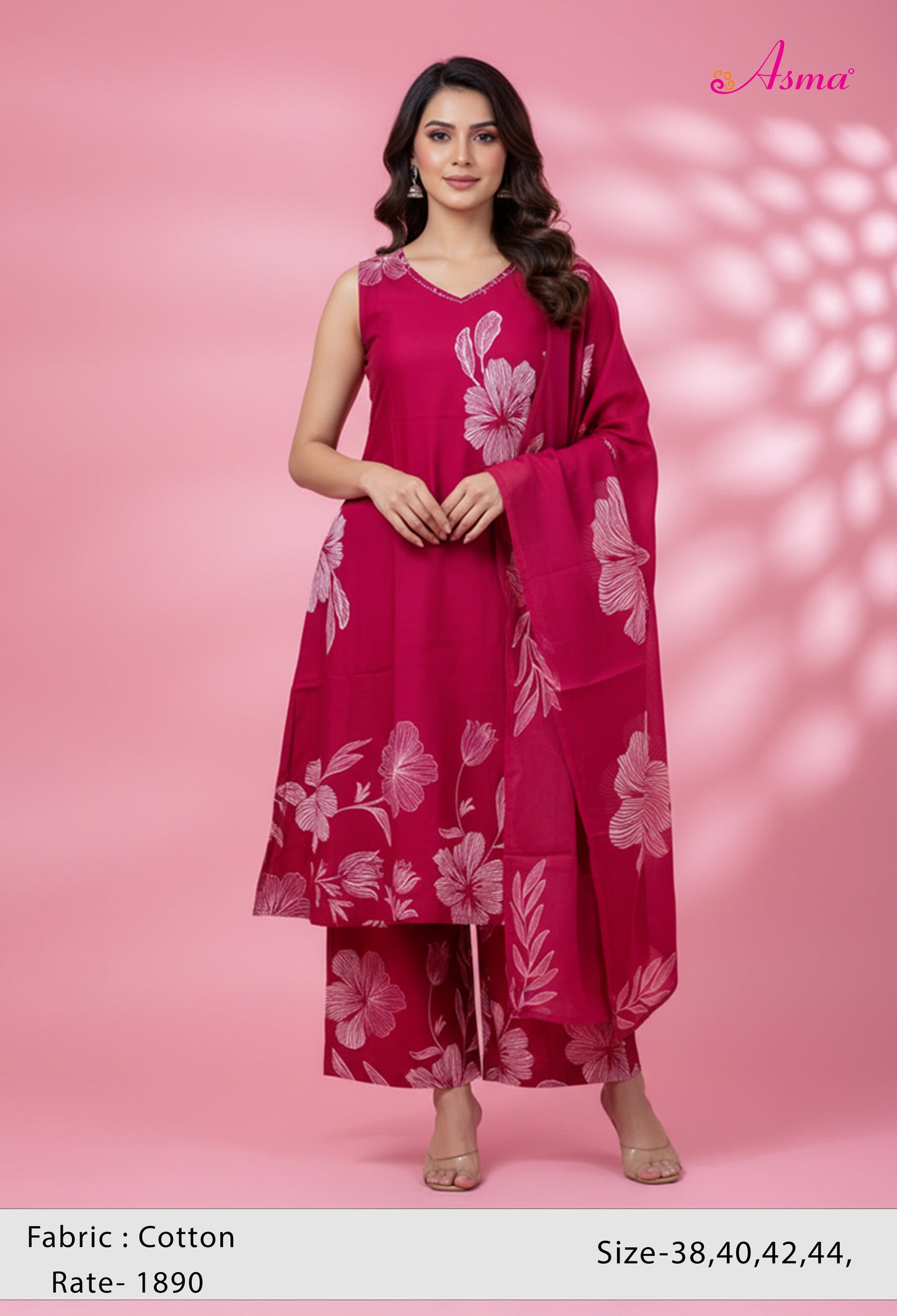 Rani Pink Floral Printed Kurta Set for Women | Sleeveless Kurti with Palazzo & Dupatta