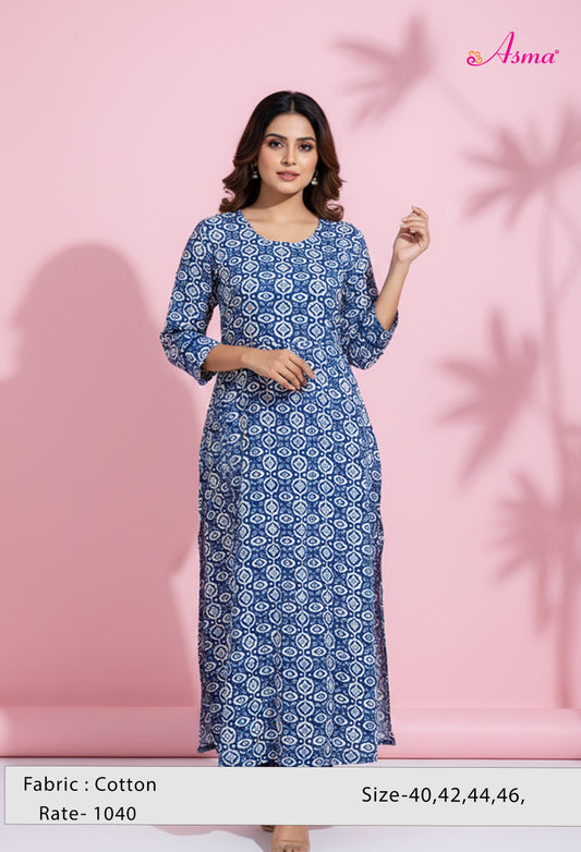 Indigo Blue & White Printed Straight Kurta for Women | Ethnic Tassel Neck Kurti
