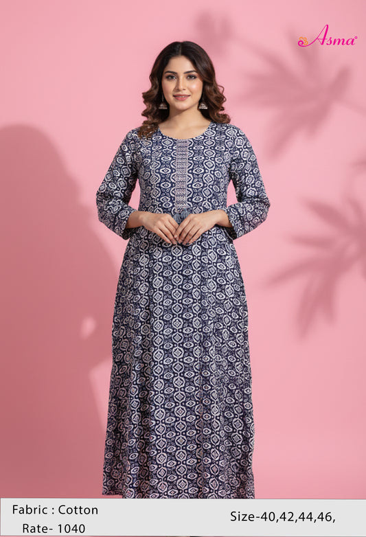 Navy Blue & White Printed Straight Kurta for Women | Ethnic Tassel Neck Kurti