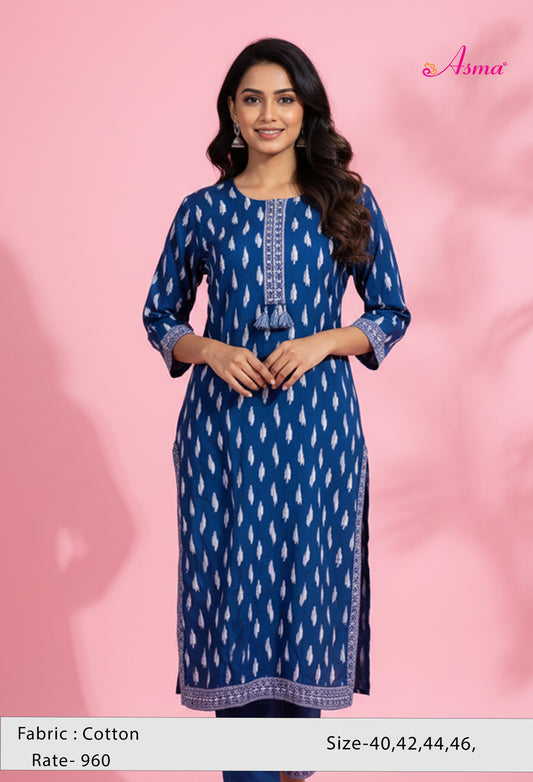 Blue Printed Straight Kurta for Women | Embroidered Neckline Ethnic Kurti