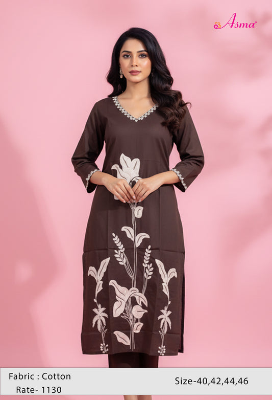 Dark Brown Embroidered Straight Kurta for Women | Floral Work Kurti with V-Neck
