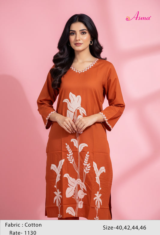 Rust Orange Embroidered Straight Kurta for Women | Floral Work Kurti with V-Neck