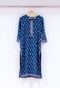Blue Printed Straight Kurta for Women | Embroidered Neckline Ethnic Kurti