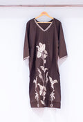 Dark Brown Embroidered Straight Kurta for Women | Floral Work Kurti with V-Neck