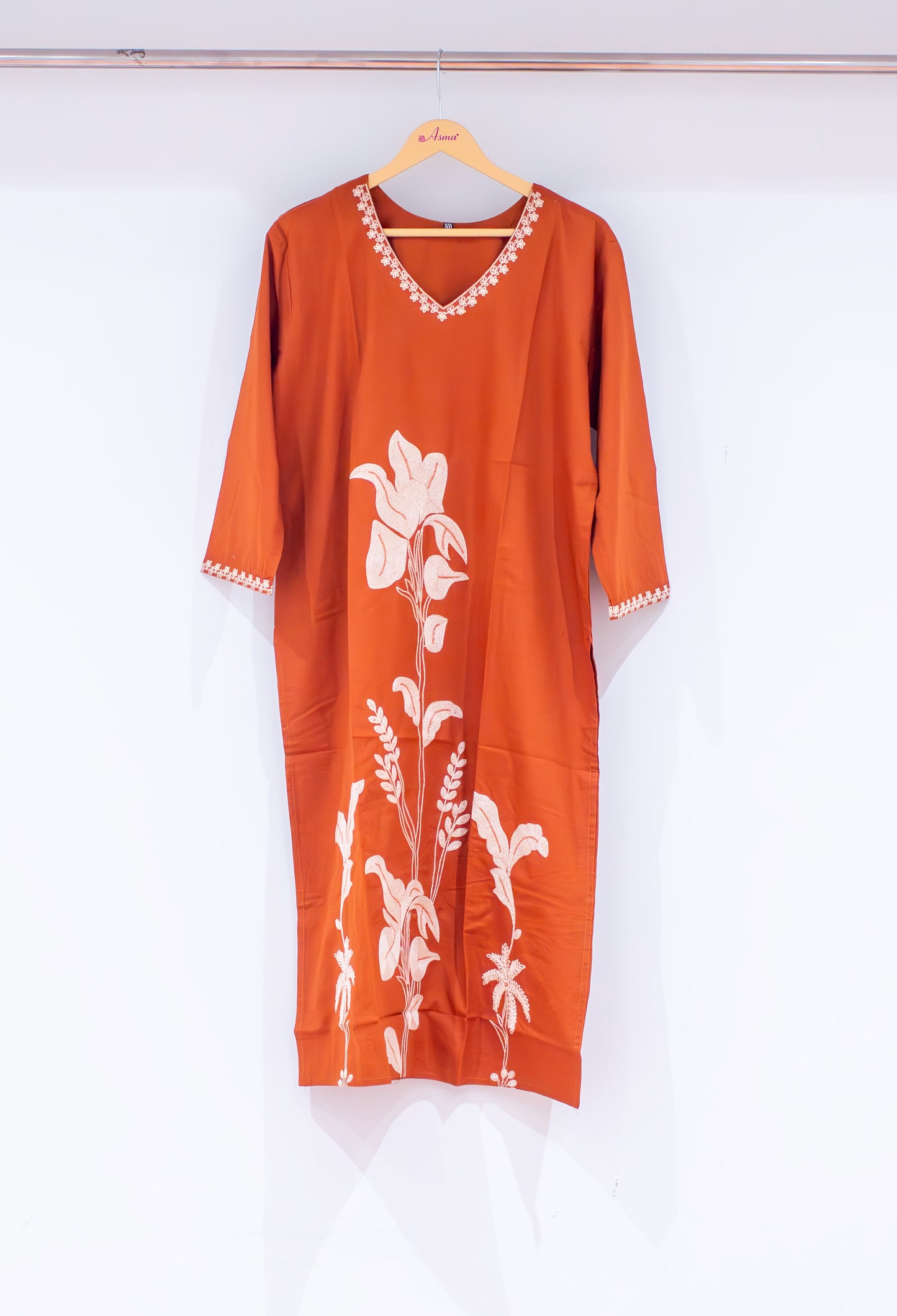 Rust Orange Embroidered Straight Kurta for Women | Floral Work Kurti with V-Neck
