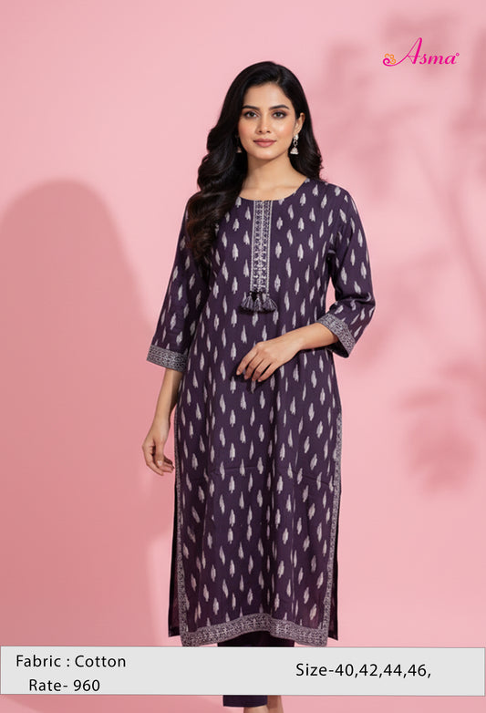 Purple Printed Straight Kurta for Women | Embroidered Placket Ethnic Kurti